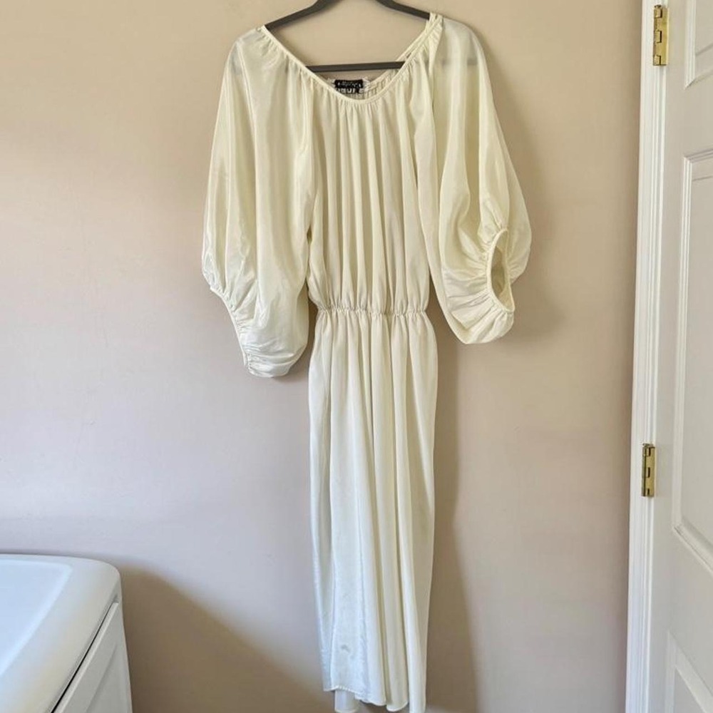 Vintage 70s Balloon Sleeve Dress medium white cream western boho midi prairie